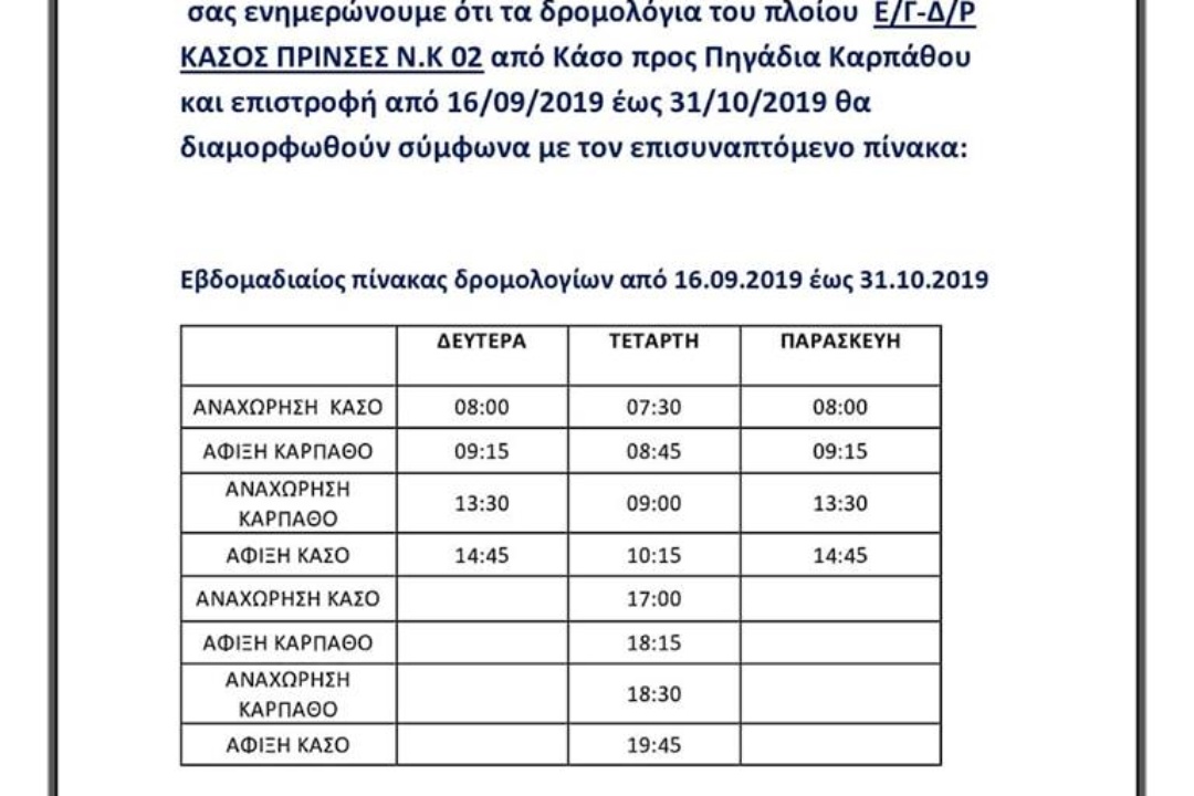 ΑΝΑΚΟΙΝΩΣΗ: Δρομολόγια KASOS PRINCESS